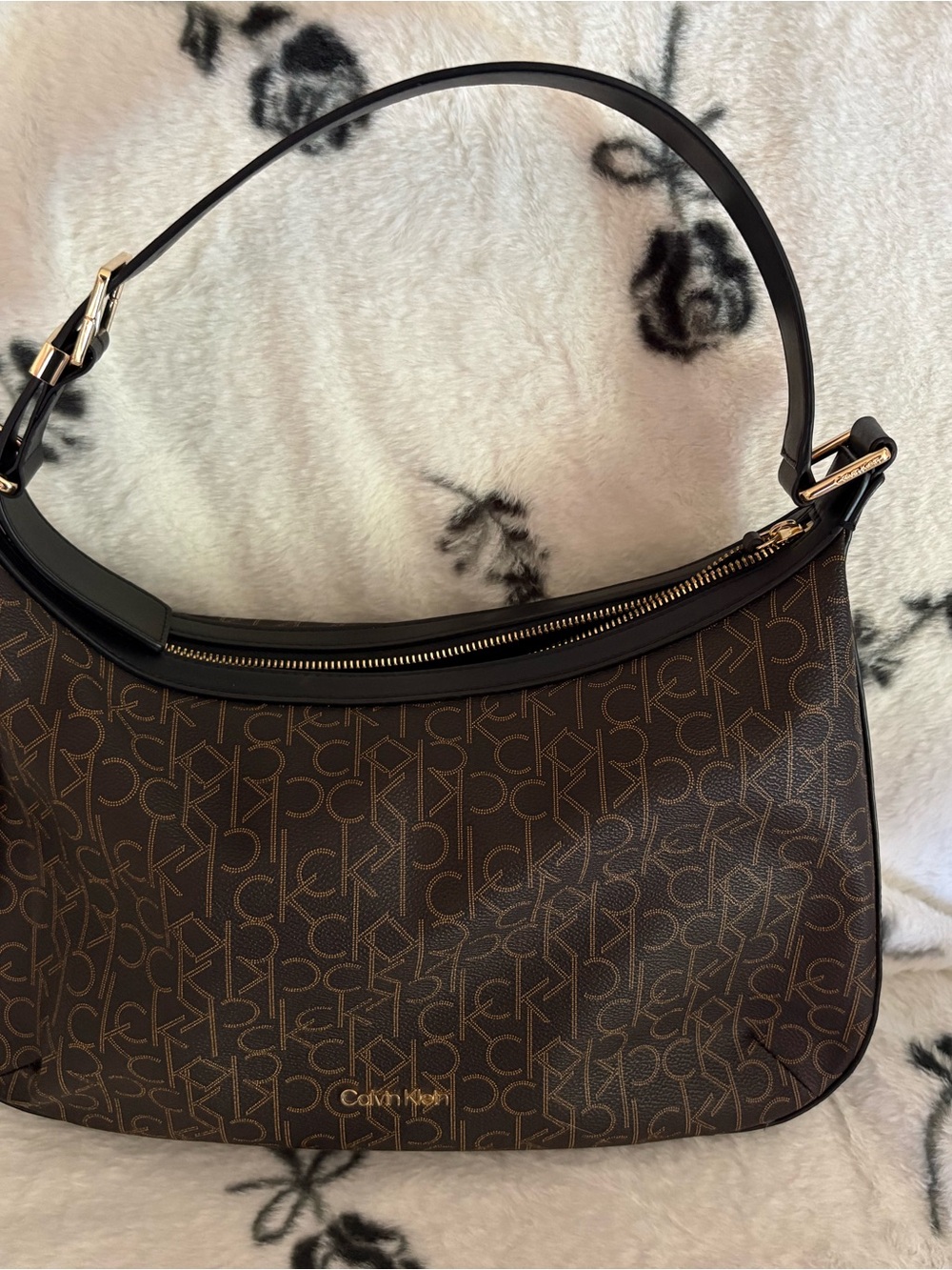 Calvin Klein Dark Brown Monogram Hobo Shoulder Bag